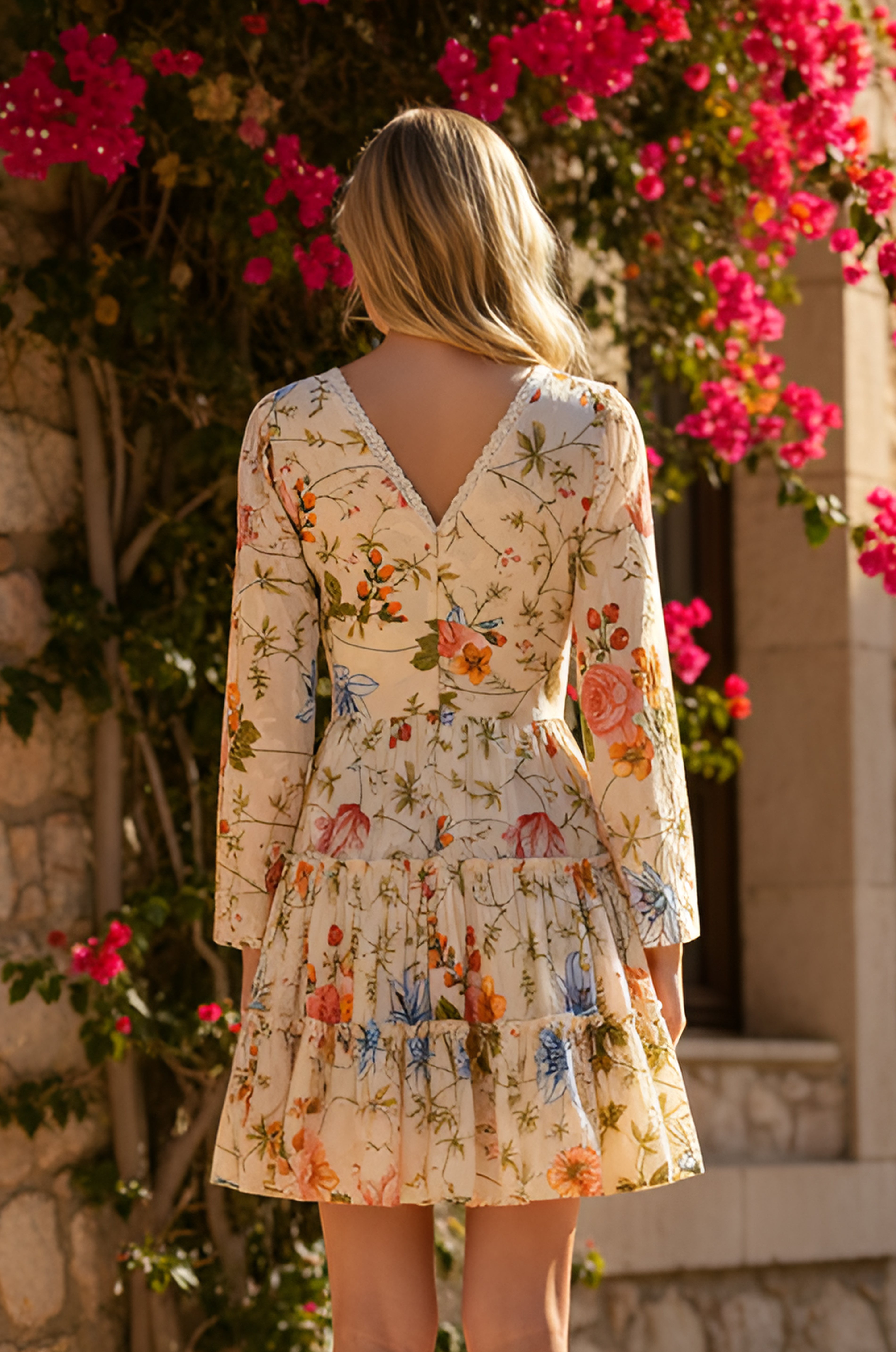 A woman with blonde hair stands outdoors facing away, wearing the Ivory Floral Cotton Short Casual Dress: Josie, featuring a V-shaped back and tiered skirt. Pink flowers and stone walls are in the background.